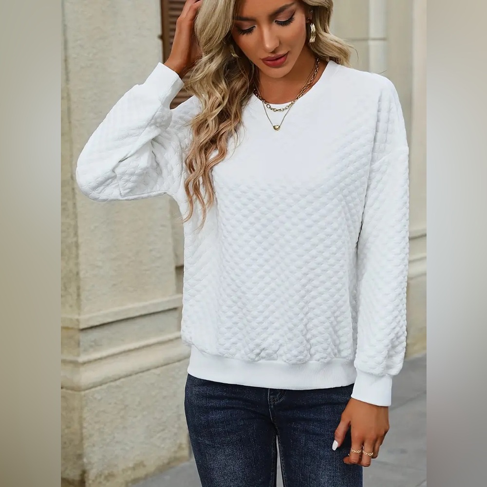 White Drop Shoulder Textured Sweater - Size Small